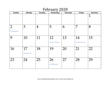 February 2020 Calendar Calendar