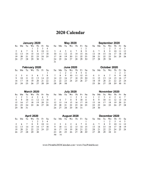 2020 Calendar One Page Vertical Descending Calendar