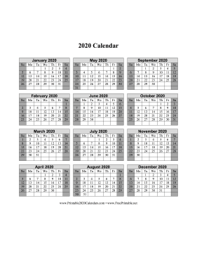 2020 Calendar One Page Vertical Grid Descending Shaded Weekends Calendar