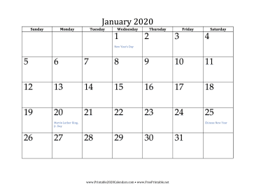 January 2020 Calendar Calendar