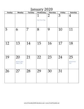 January 2020 Calendar (vertical) Calendar