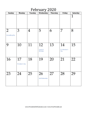 February 2020 Calendar (vertical) Calendar