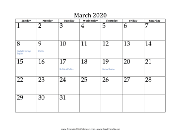 March 2020 Calendar Calendar