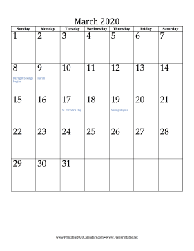 March 2020 Calendar (vertical) Calendar