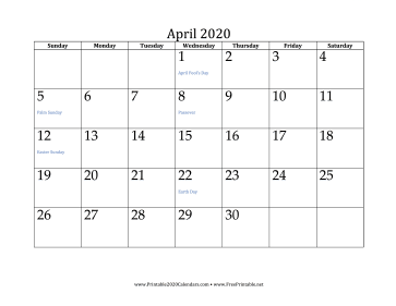 April 2020 Calendar Calendar