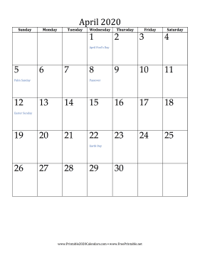 April 2020 Calendar (vertical) Calendar