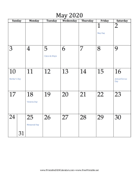 May 2020 Calendar (vertical) Calendar