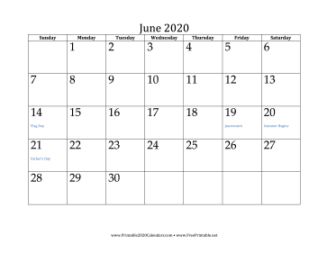 June 2020 Calendar Calendar