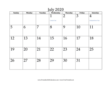 July 2020 Calendar Calendar