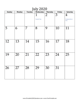 July 2020 Calendar (vertical) Calendar