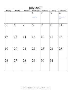 View Printable Monthly Calendar July 2020 PNG