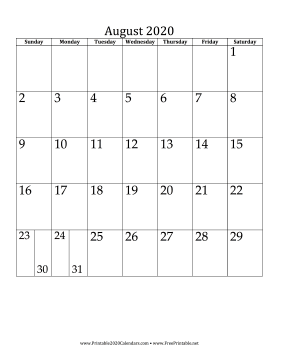 August 2020 Calendar (vertical) Calendar
