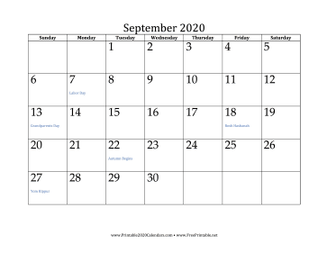 September 2020 Calendar Calendar