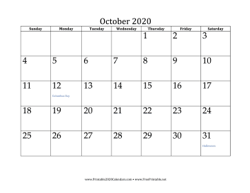 October 2020 Calendar Calendar
