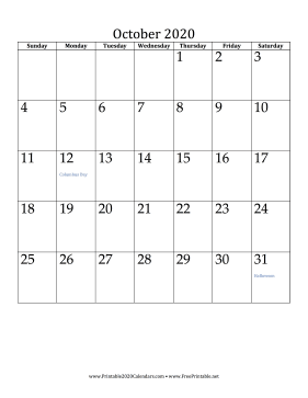 October 2020 Calendar (vertical) Calendar