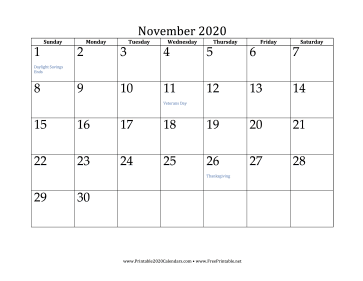 November 2020 Calendar Calendar