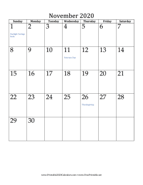 November 2020 Calendar (vertical) Calendar