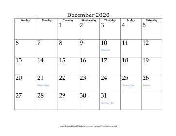 December 2020 Calendar Calendar
