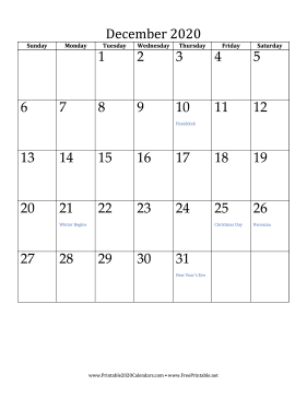 December 2020 Calendar (vertical) Calendar