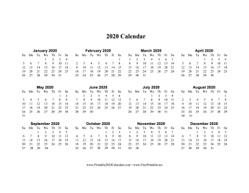 2020 Calendar One Page Horizontal Calendar