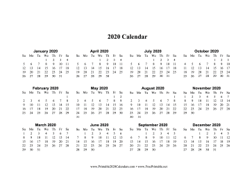 2020 Calendar One Page Horizontal Descending Calendar