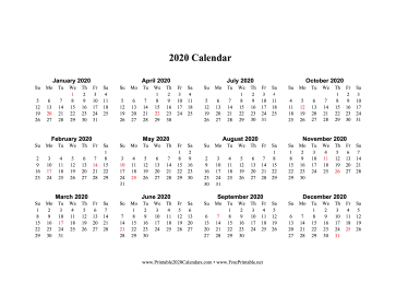 2020 Calendar One Page Horizontal Descending Holidays In Red Calendar