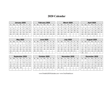 2020 Calendar One Page Horizontal Grid Calendar