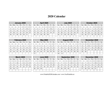 2020 Calendar One Page Horizontal Grid Descending Calendar