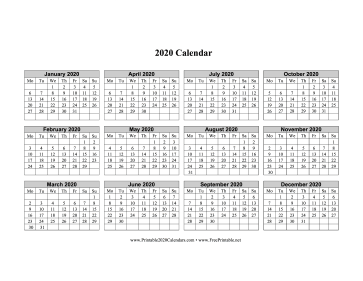 2020 Calendar One Page Horizontal Grid Descending Monday Start Calendar