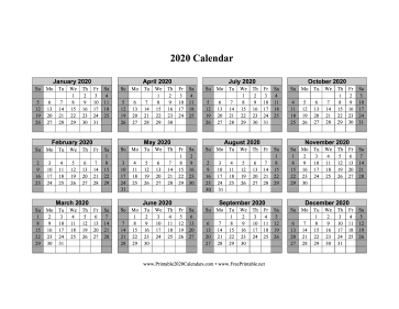 2020 Calendar One Page Horizontal Grid Descending Shaded Weekends Calendar
