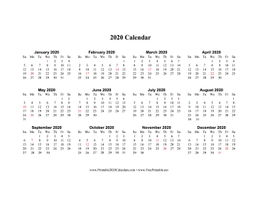 2020 Calendar One Page Horizontal Holidays In Red Calendar