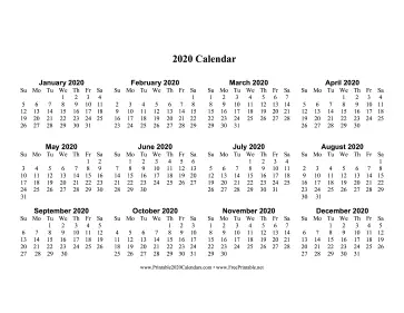 2020 Calendar One Page Large Horizontal Calendar