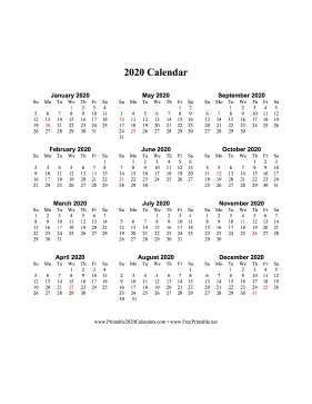 2020 Calendar One Page Vertical Descending Holidays in Red Calendar
