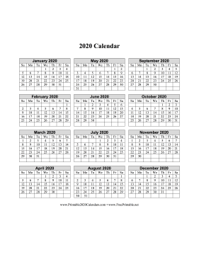 2020 Calendar One Page Vertical Grid Descending Calendar
