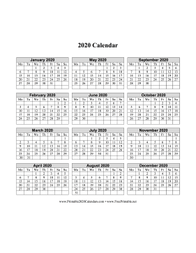 2020 Calendar One Page Vertical Grid Descending Monday Start Calendar