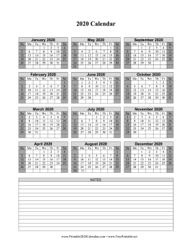 2020 Calendar One Page Vertical Grid Descending Shaded Weekends Notes Calendar