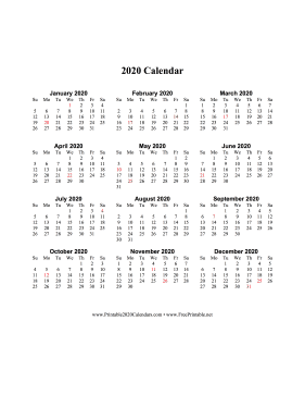 2020 Calendar One Page Vertical Holidays in Red Calendar