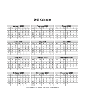 2020 Calendar One Page Vertical Monday Start Calendar