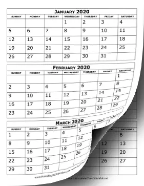 2020 Calendar Three Months Per Page Calendar