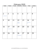 February 2020 Calendar (vertical) calendar