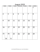 August 2020 Calendar (vertical) calendar