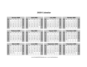 2020 Calendar One Page Horizontal Grid Descending Shaded Weekends calendar