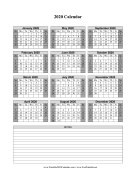 2020 Calendar One Page Vertical Grid Descending Shaded Weekends Notes calendar